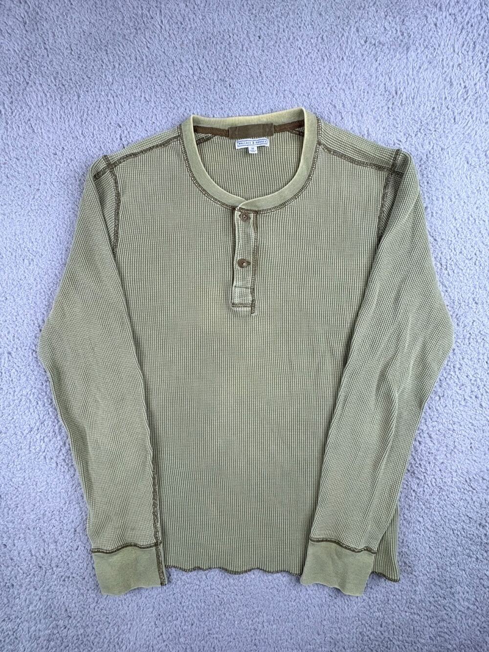Wallace & Barnes Long Sleeves Shirt Men's Medium Green Waffle Knit Henley Neck